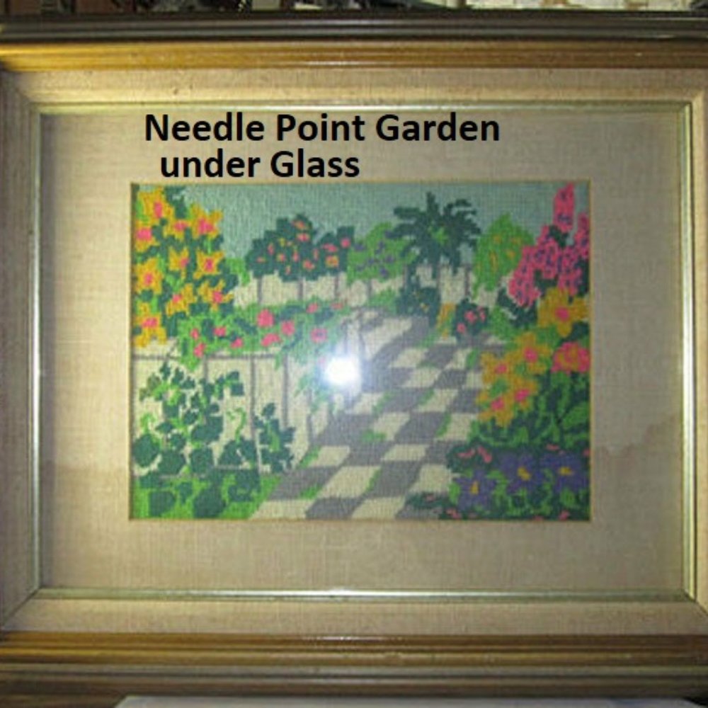Folk art needle point garden patio scene frame mat